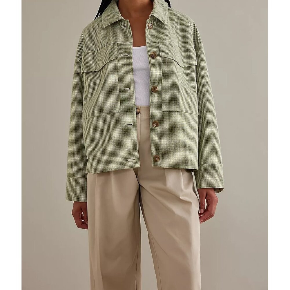 NWT!  Anthropologie Maeve Houndstooth Green Knit Oversized Trucker Jacket  M